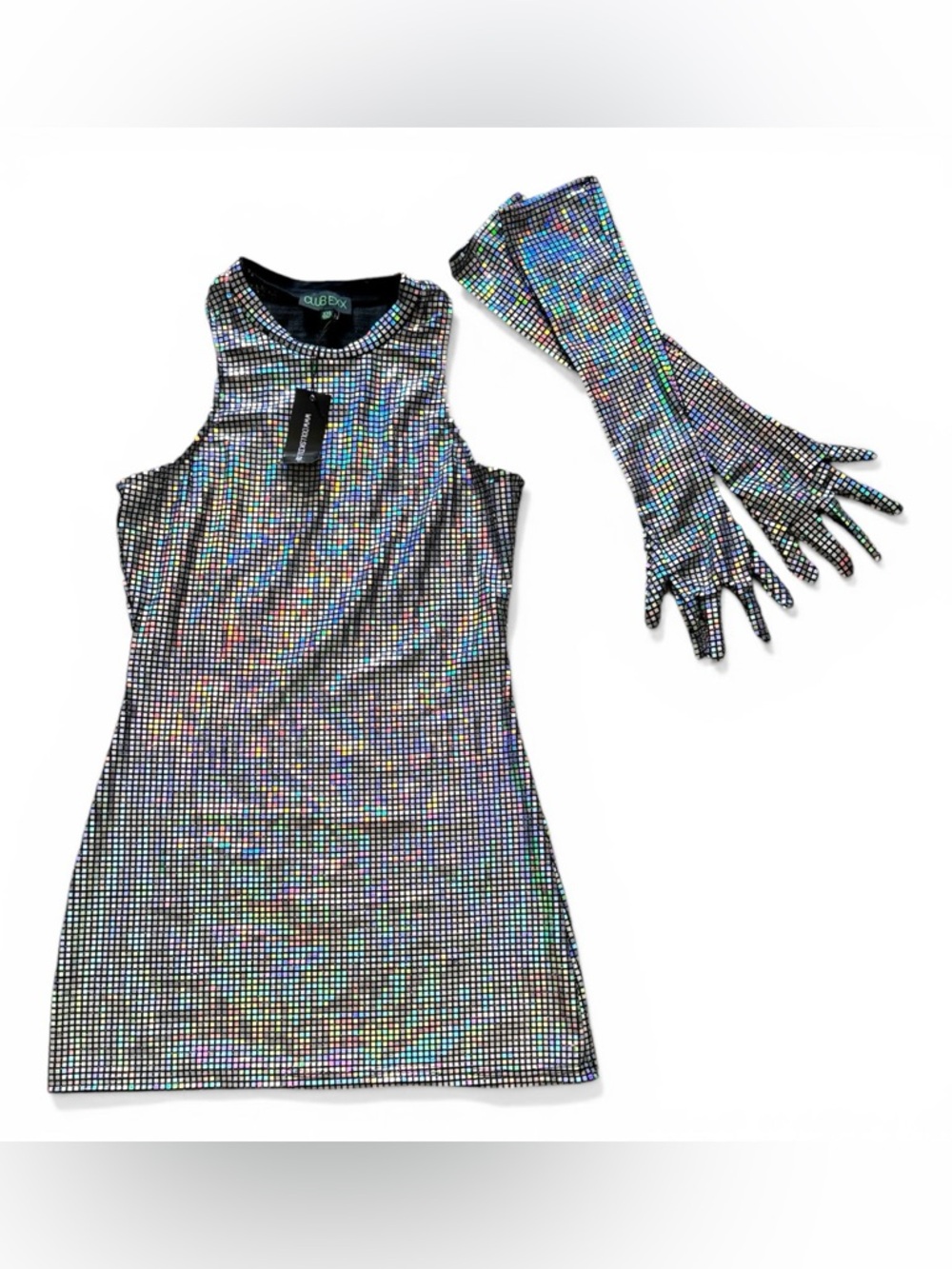 NWT Club Exx Holographic Silver Sleeveless Mini Dress with Matching Gloves